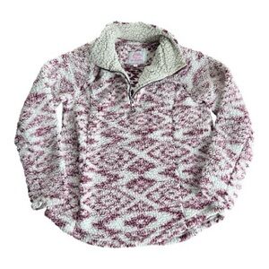 Cozy Sherpa Chunky Fleece Quarter Zip Aztec Design Sweater Jacket Size Medium